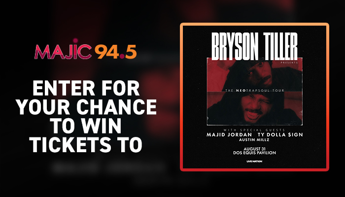 MAJIC 94.5 radio station logo and text "Enter for your chance to win tickets to Bryson Tiller: The Neon Peach Tour" with concert poster image.