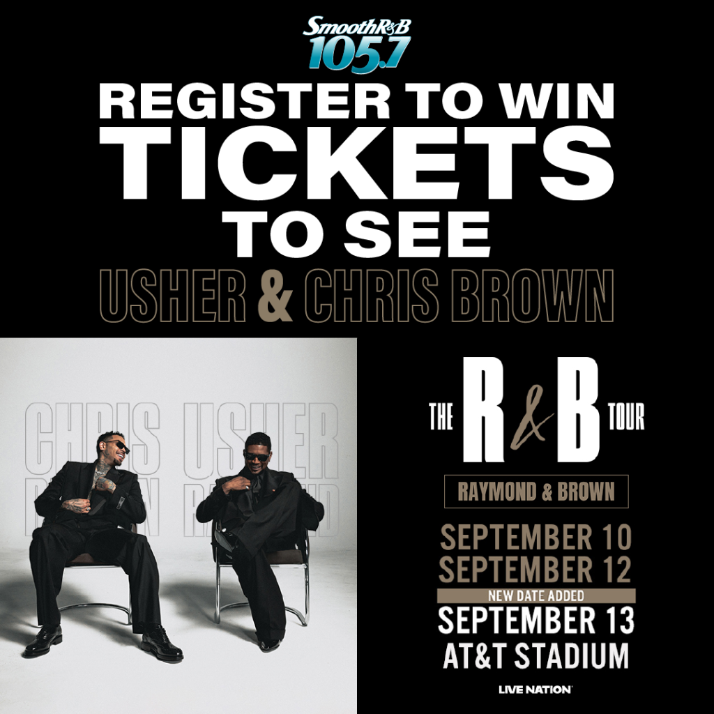 Promotional image for a concert tour featuring Usher and Chris Brown. The text announces a contest to win tickets to their "R&B Tour" on September 10-13 at AT&T Stadium.