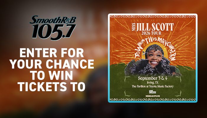 Smooth R&B 105.7 radio station logo and advertisement for Jill Scott's 2023 tour, featuring her portrait and tour dates.