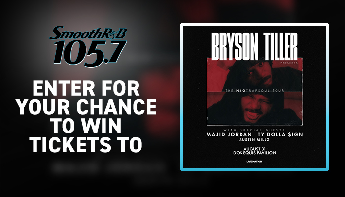 Smooth R&B 105.7 radio station promotion for a Bryson Tiller concert tour, featuring the artist's name and event details.
