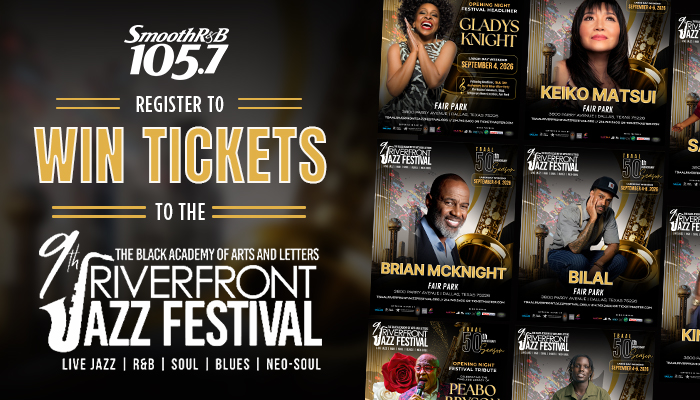 Promotional poster for the 9th Riverfront Jazz Festival, featuring performers Gladys Knight, Brian McKnight, Keiko Matsui, and Bilal.