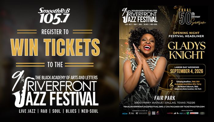 Poster for the 50th annual Riverfront Jazz Festival, featuring Gladys Knight as the opening night headliner. The poster includes event details and branding for Smooth R&B 105.7 radio station.