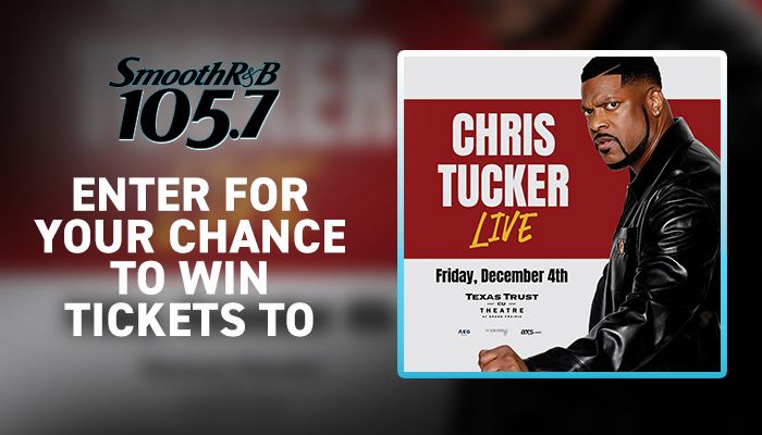 Promotional image for a live performance by Chris Tucker at the Texas Trust Theatre, with the Smooth R&B 105.7 radio station logo and contest details.